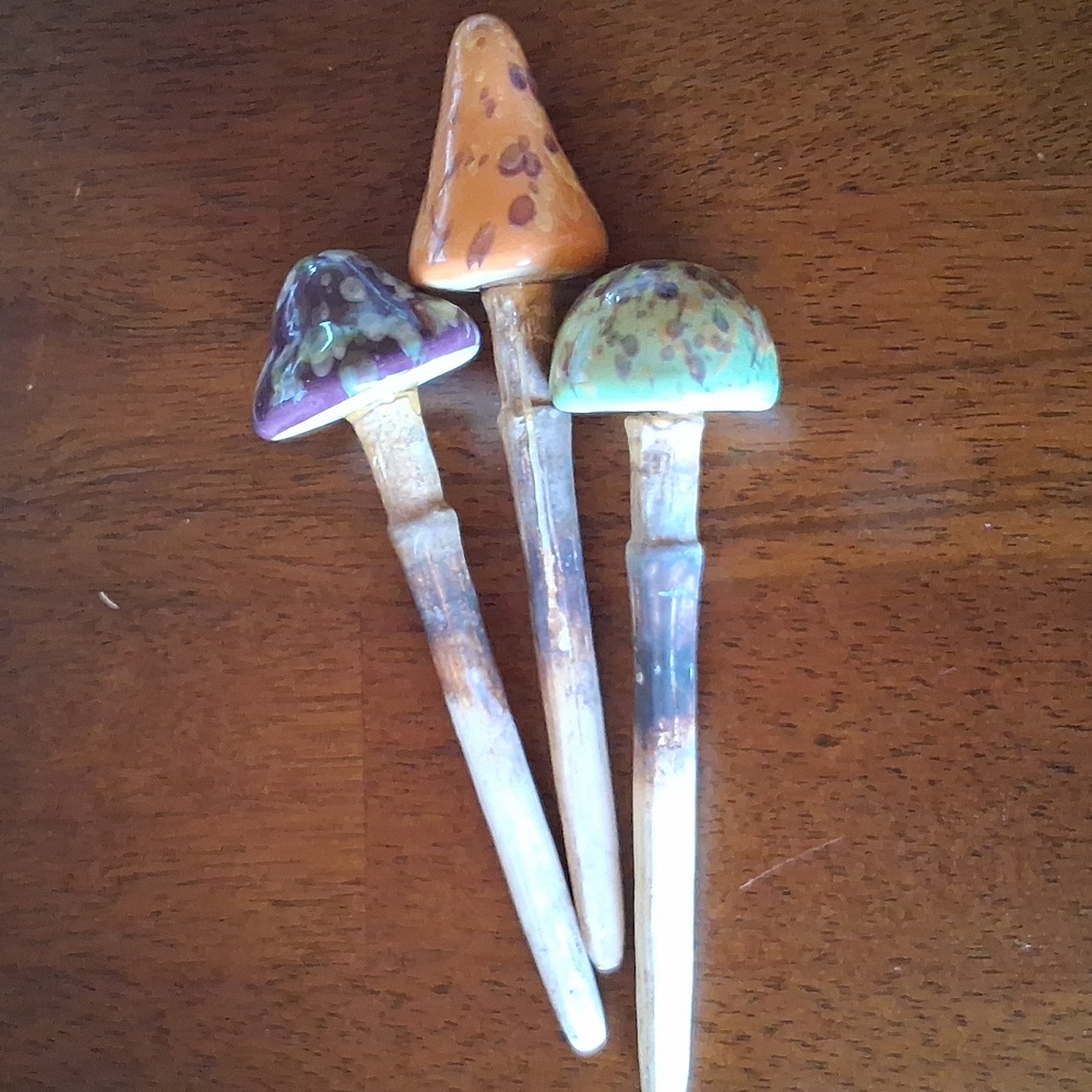 Handcrafted Ceramic Mushroom Garden Stakes - Multicolor Set Of 3 - Picture 2 of 9
